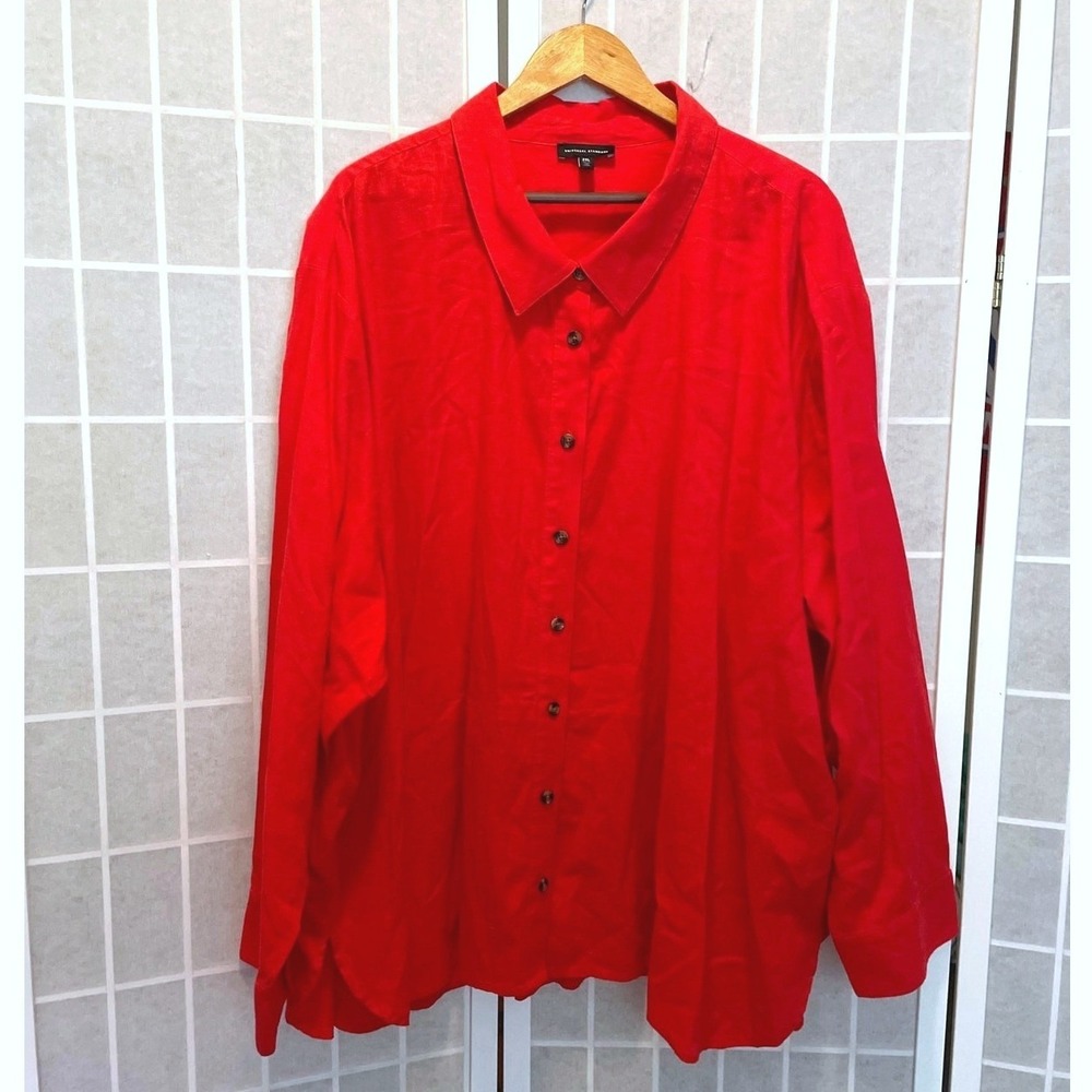 Universal Standard Elbe Stretch Linen Blend Shirt Red No Gap Button Down Bold - Picture 2 of 8